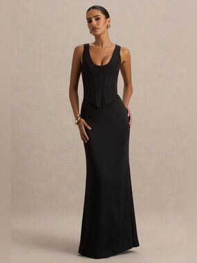 Club L London NWT Morgan Black Satin Corset Maxi Dress Sculpted Formal Black Tie